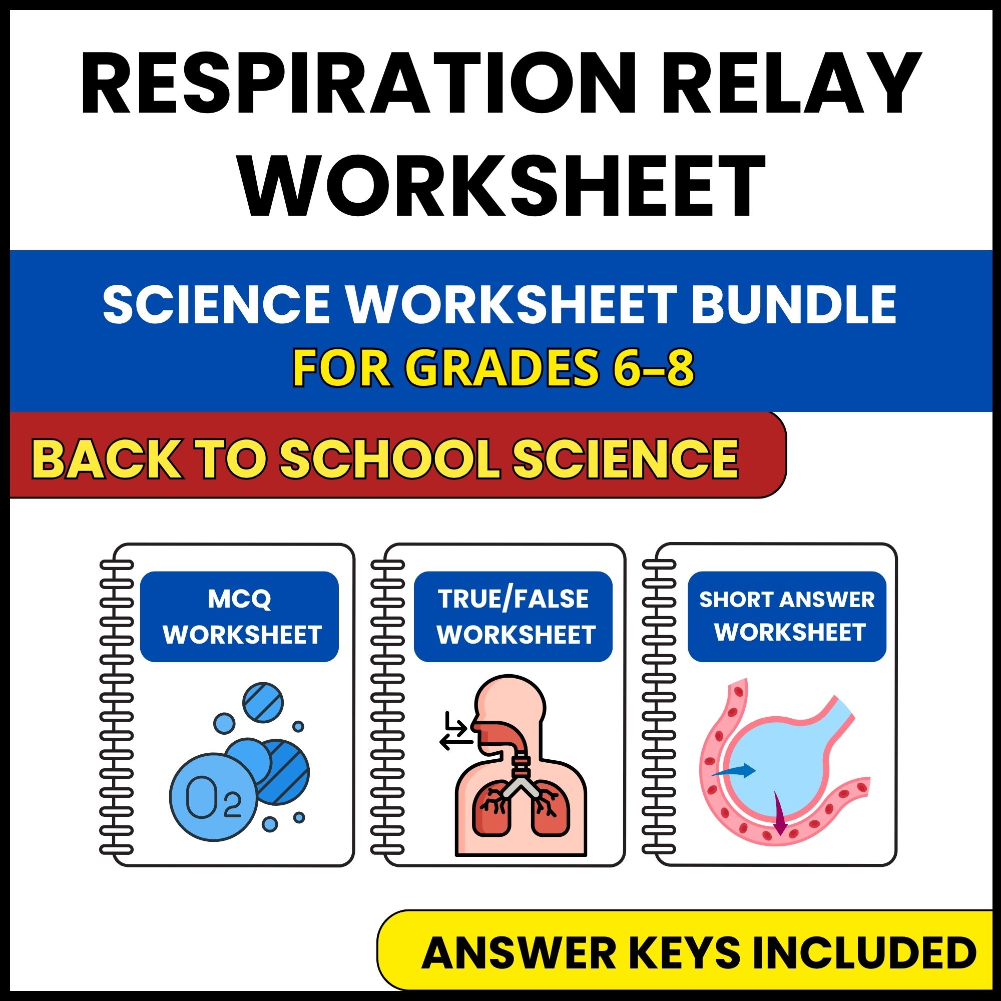 Back to School | Respiration Relay Worksheet | 3 Worksheets | Grade 6-8