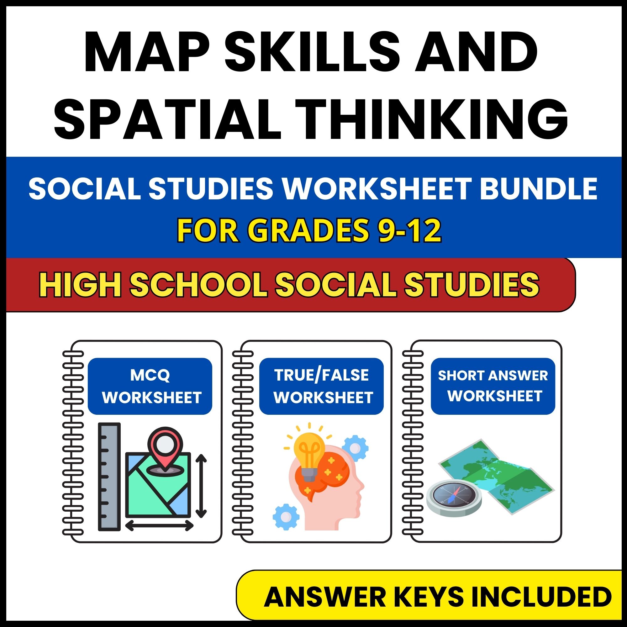 HS Social Studies | Map Skills and Spatial Thinking | 3 Worksheets | Grade 9-12