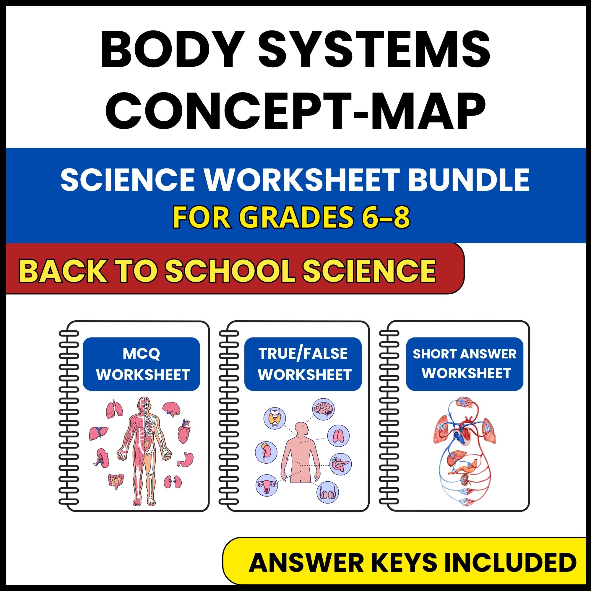 Back to School | Body Systems Concept Map | 3 Worksheets | Grade 6-8