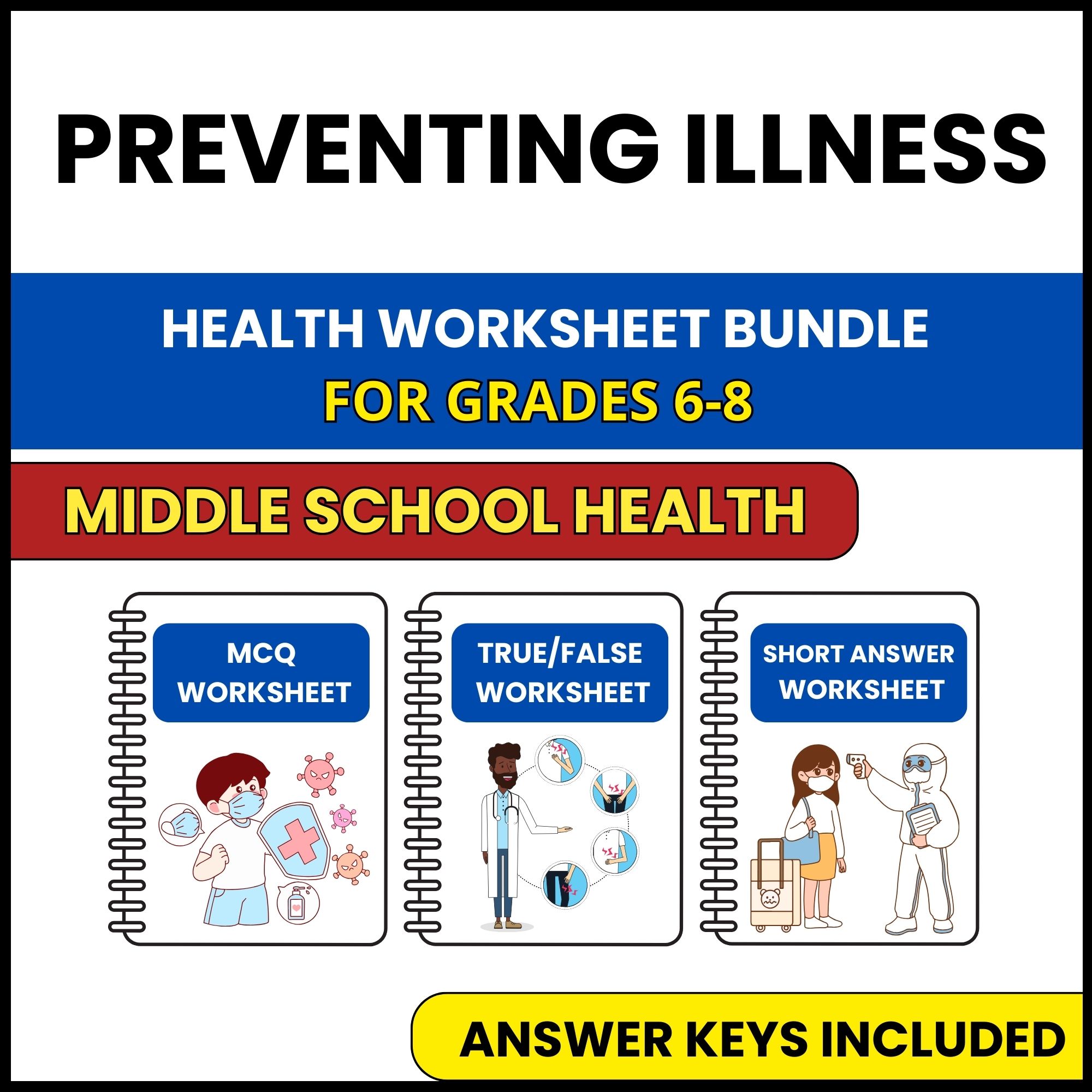 MS Health | Preventing Illness | 3 Worksheets | Grade 6-8