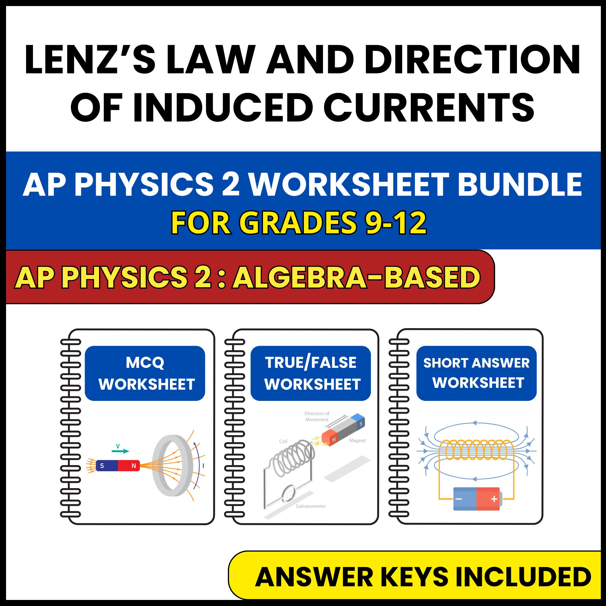 AP Physics 2 | Lenz’s Law and Direction of Induced | 3 Worksheets | Grade 9-12