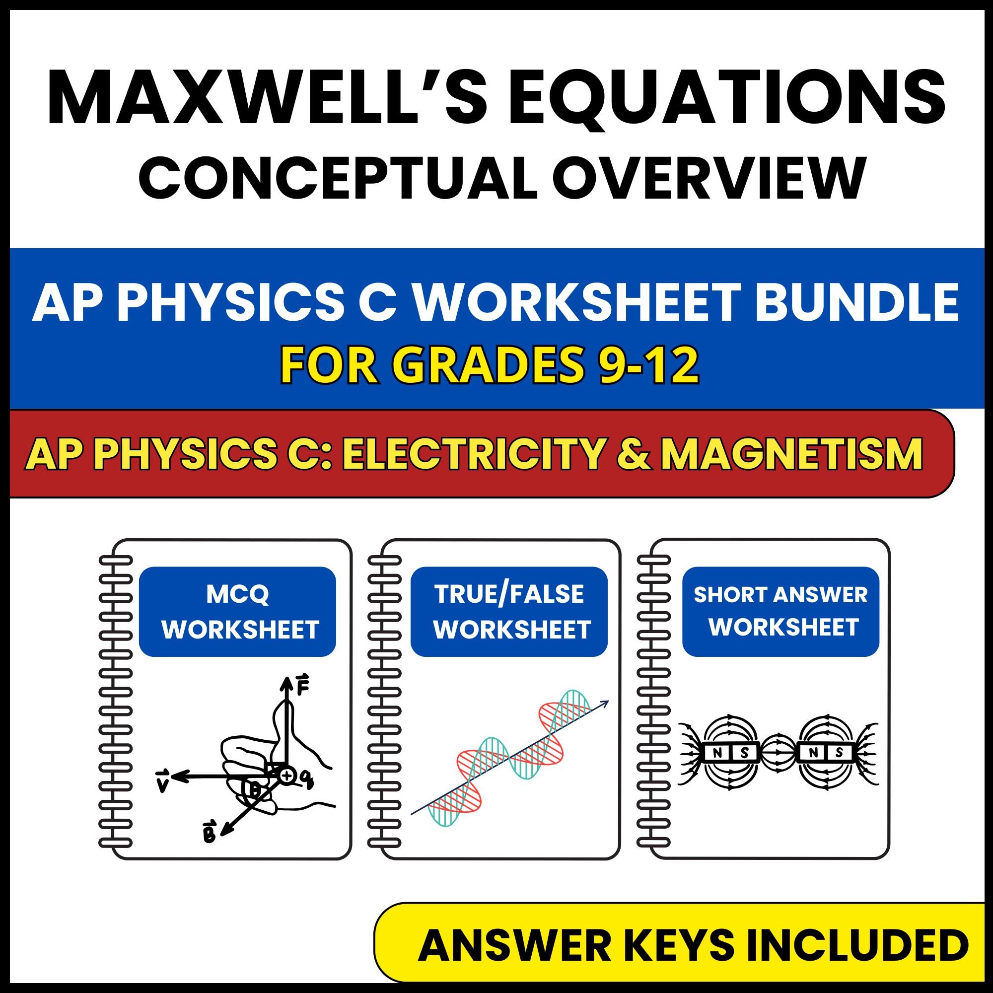 AP Physics C E&M | Maxwell’s Equations Conceptual | 3 Worksheets | Grade 9-12