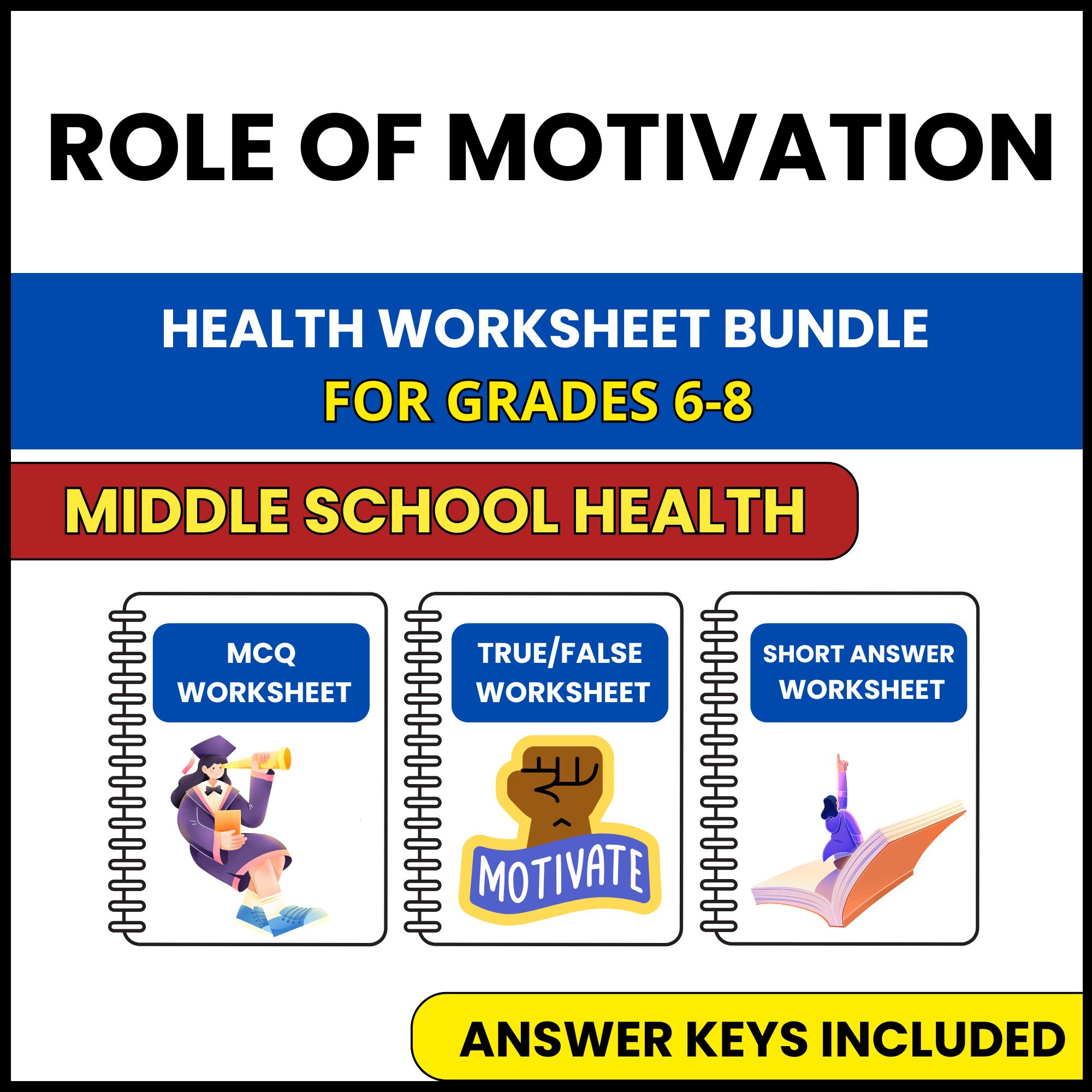 MS Health | Role of Motivation | 3 Worksheets | Grade 6-8