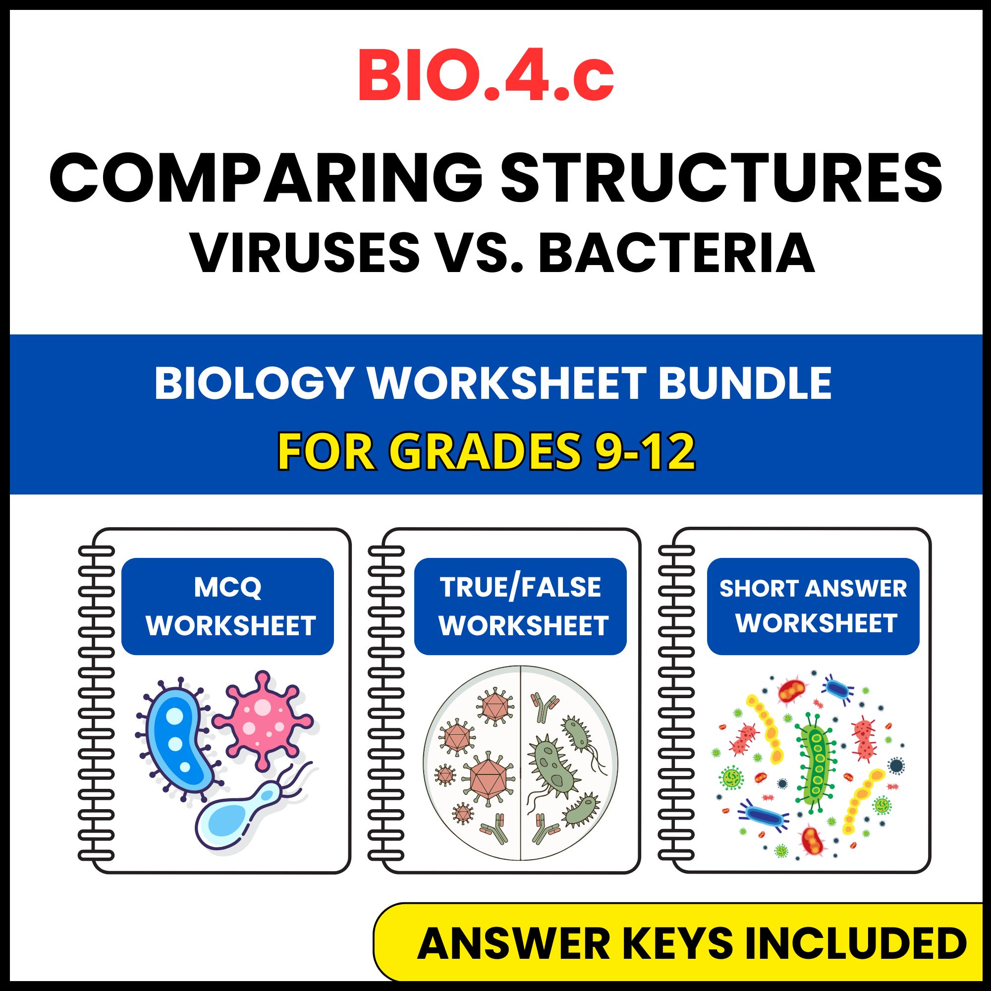 VA SOL Biology | structures viruses and bacteria | 3 Worksheets | Grade 9-12