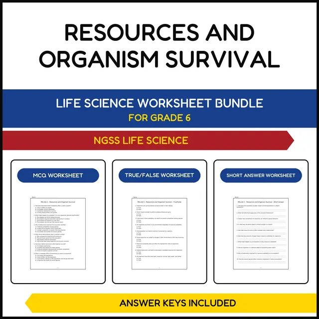 MS NGSS Life Science | Resources and Organism Survival | 3 Worksheets | Grade 6