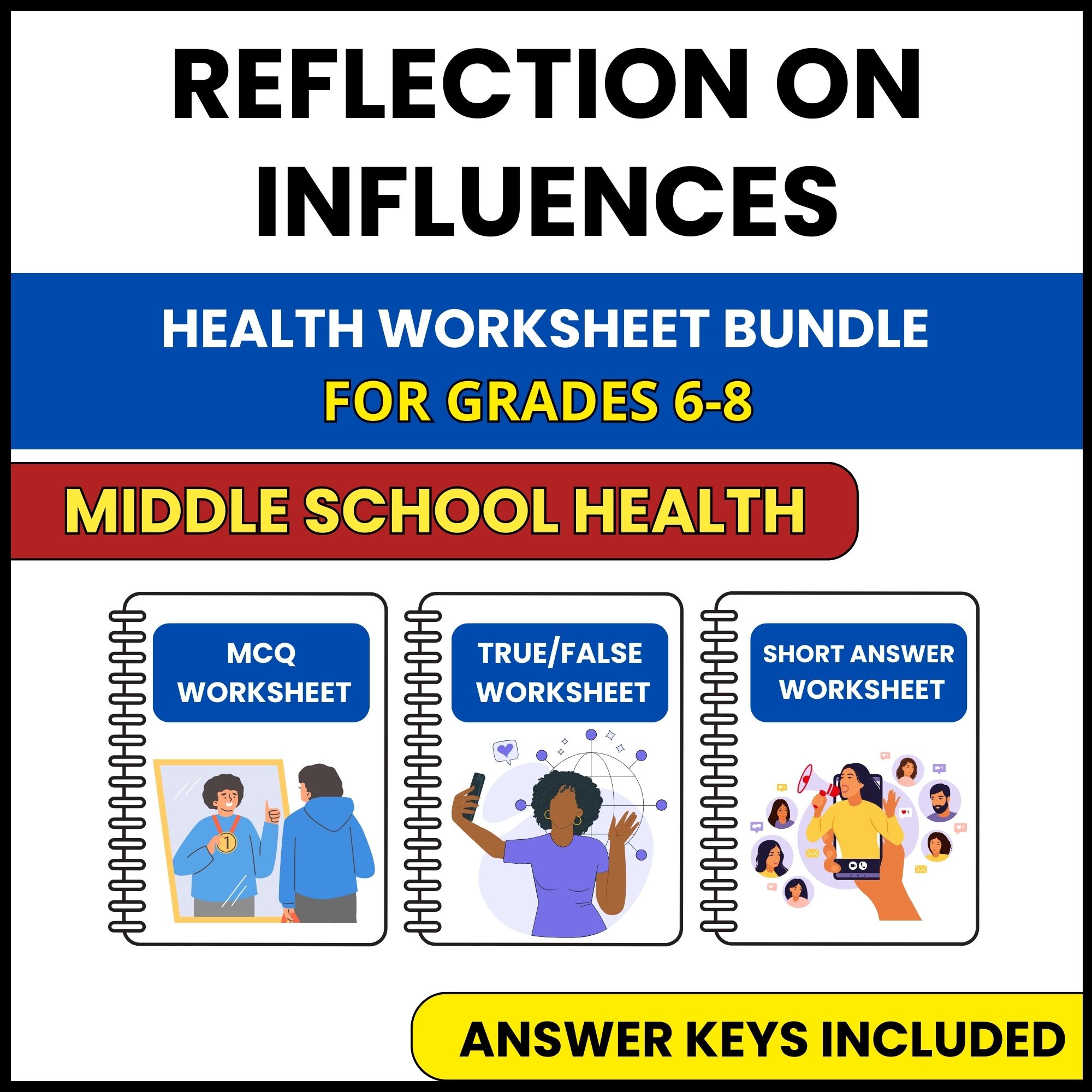 MS Health | Reflection on Influences | 3 Worksheets | Grade 6-8