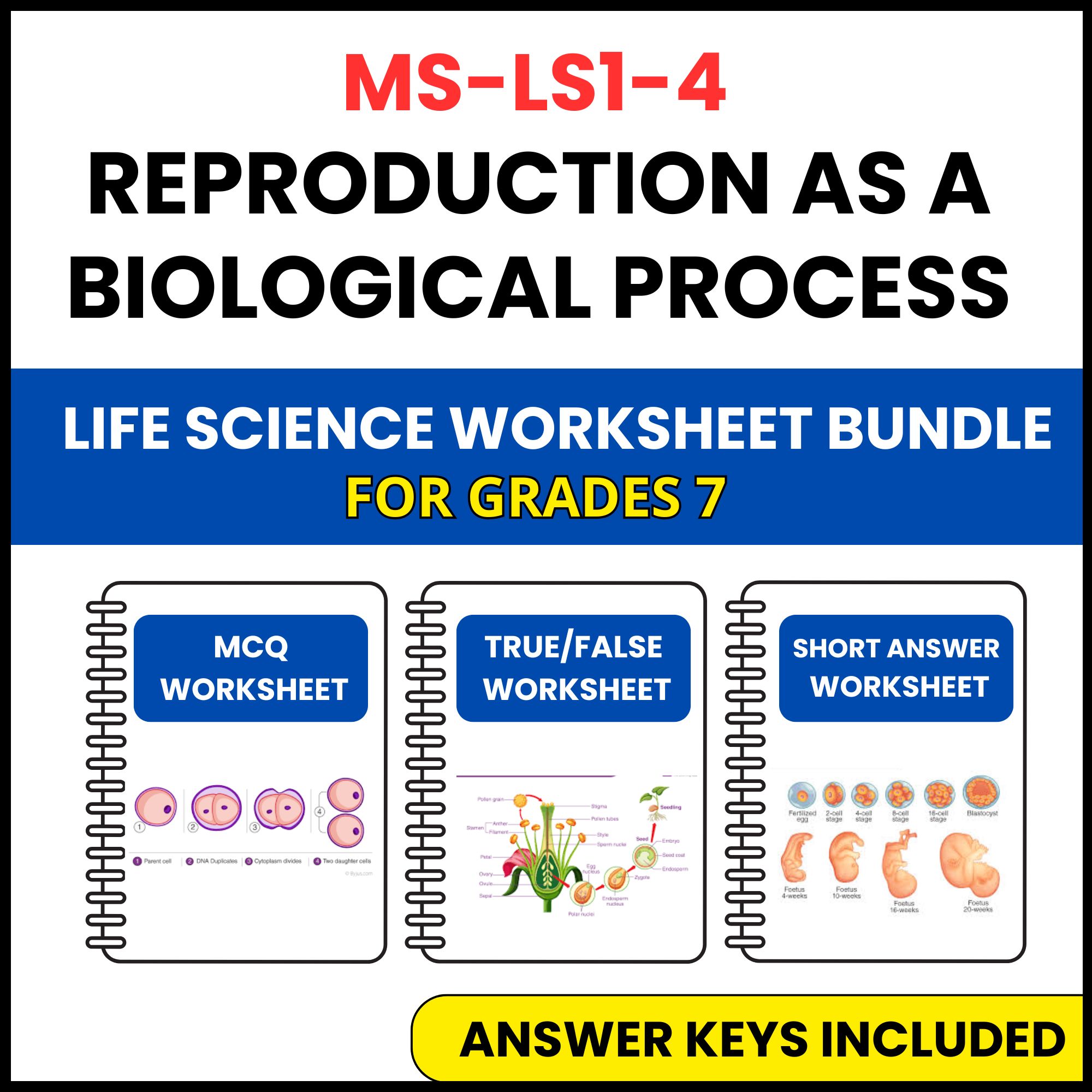 MS NGSS Life Science | Reproduction as a Biological | 3 Worksheets | Grade 7