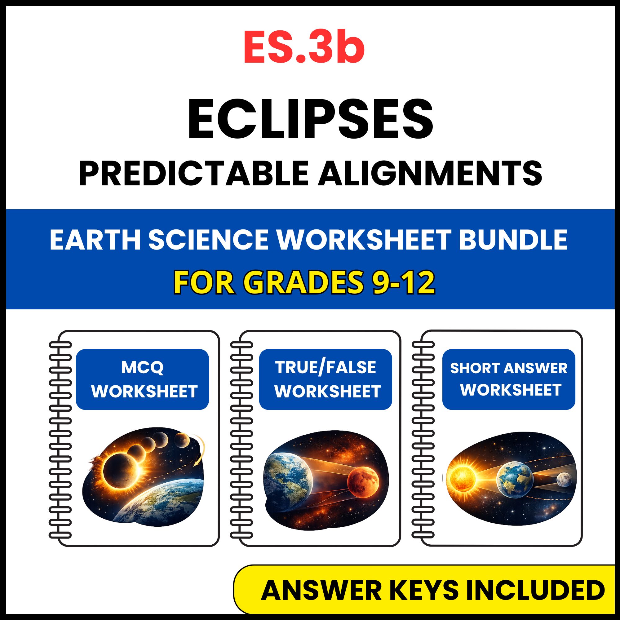 VA SOL Earth Science | Eclipses Predictable | 3 Worksheets | Grade 9-12