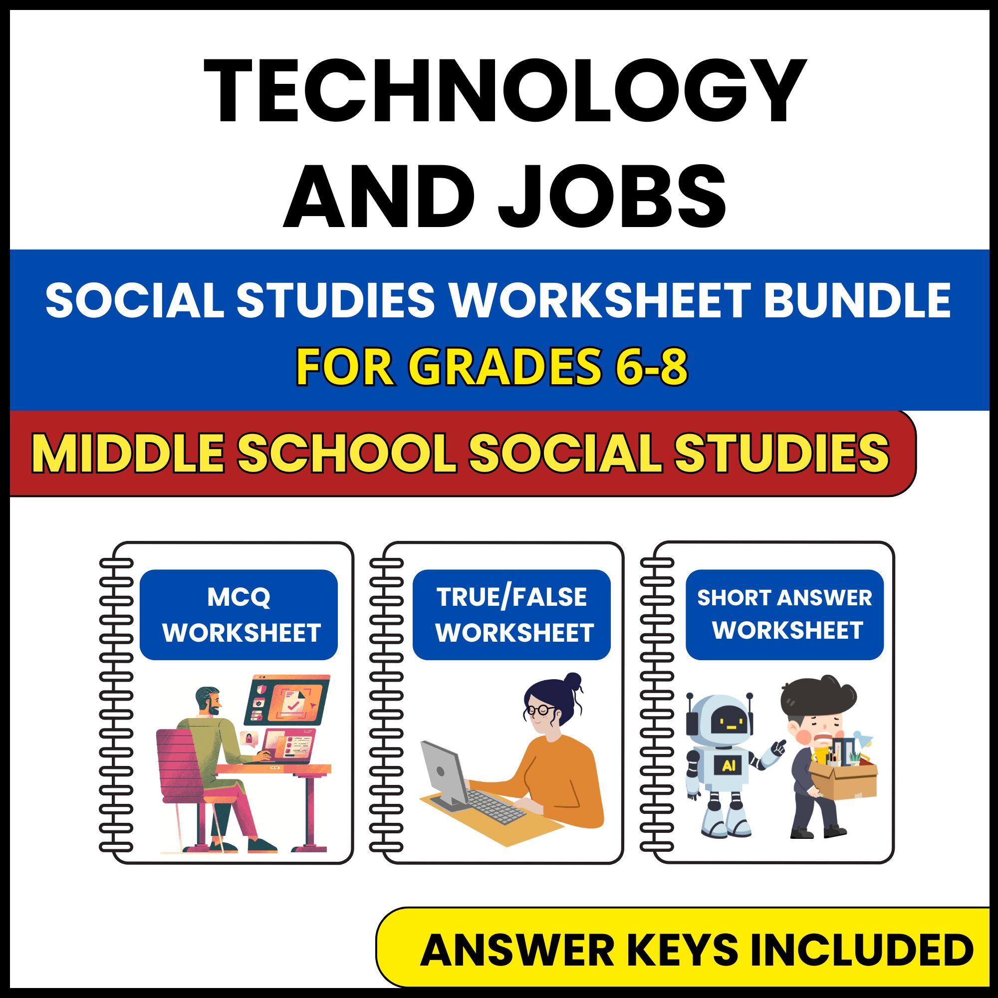 MS Social Studies | Technology and Jobs | 3 Worksheets | Grade 6-8