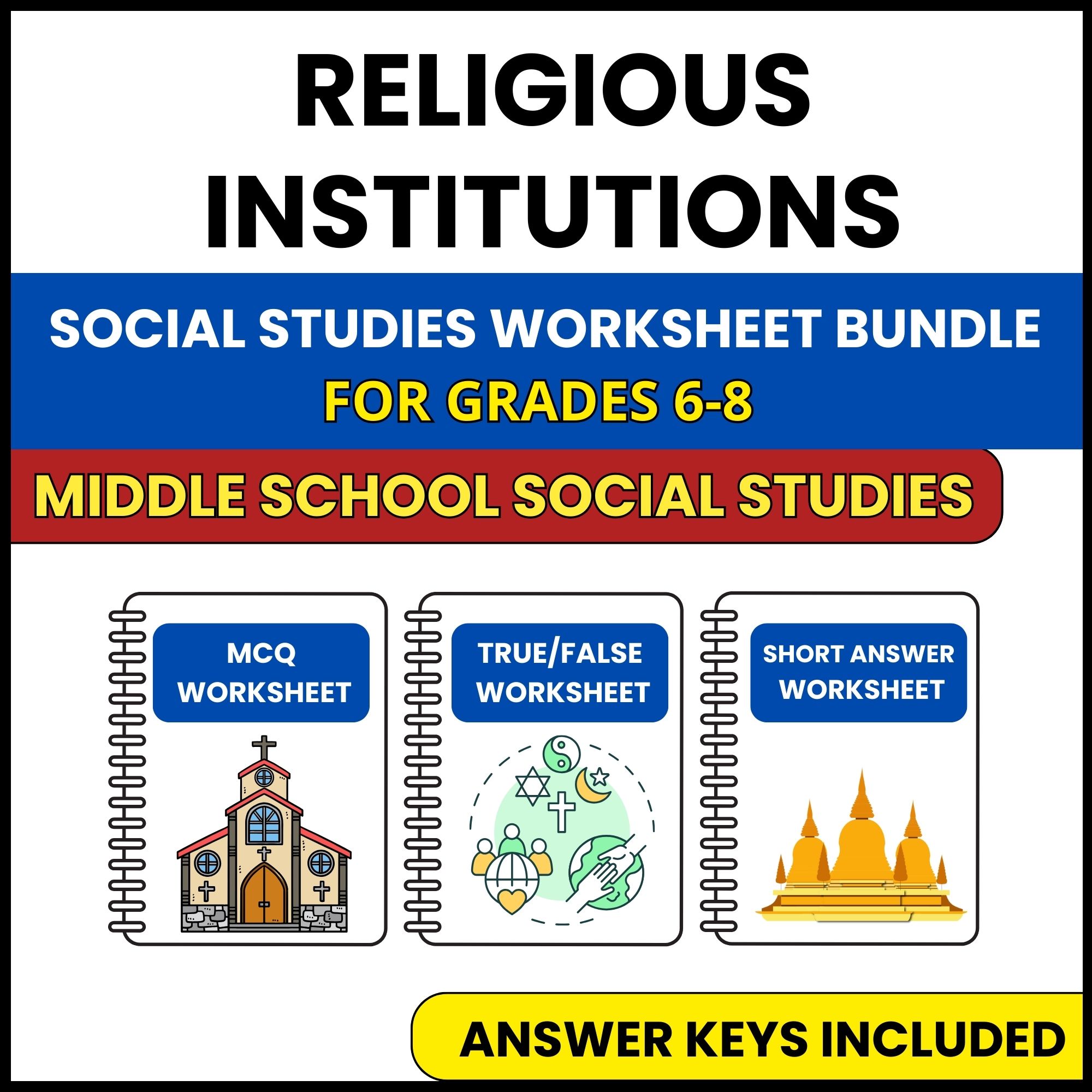 MS Social Studies | Religious Institutions | 3 Worksheets | Grade 6-8