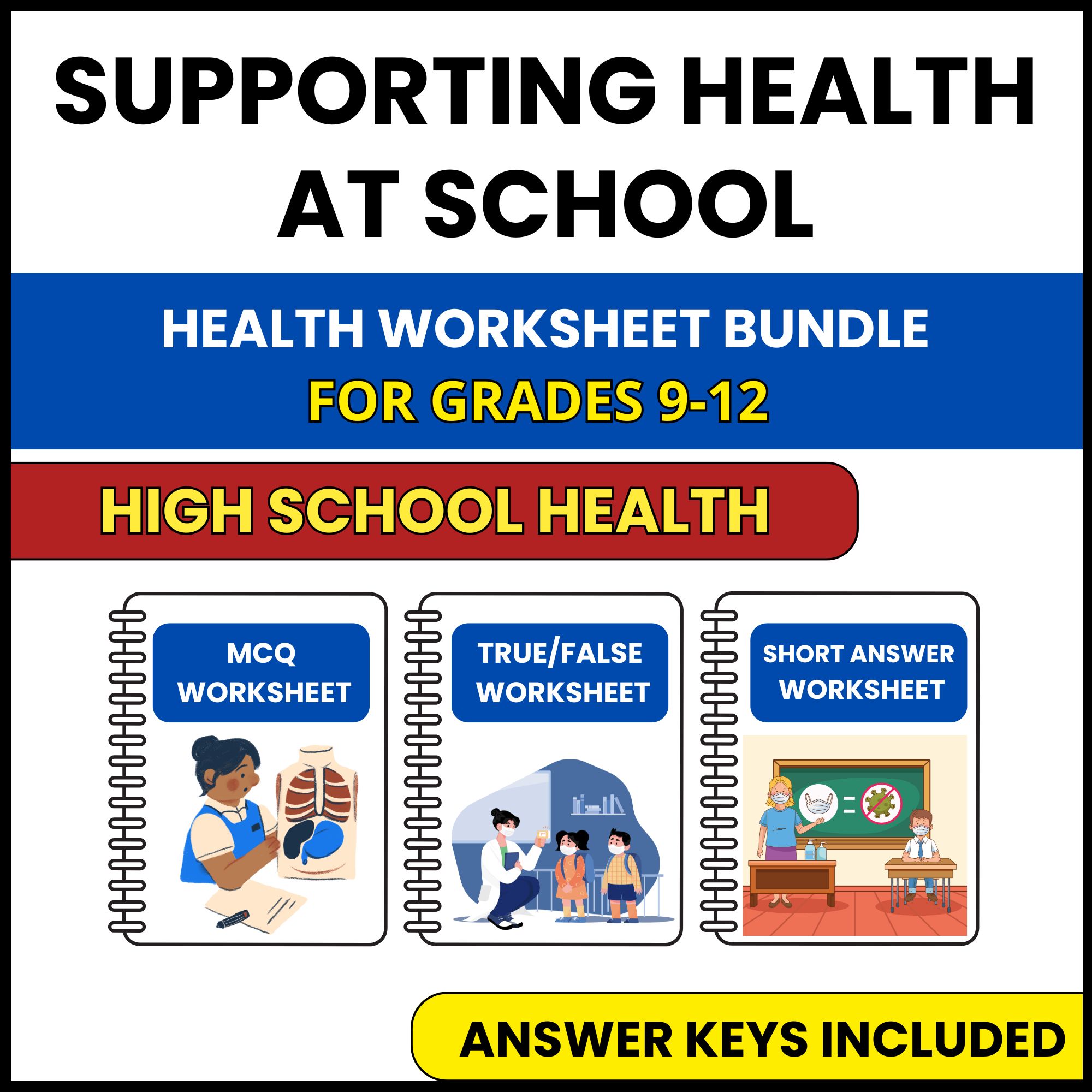 HS Health | Supporting Health at School | 3 Worksheets | Grade 9-12