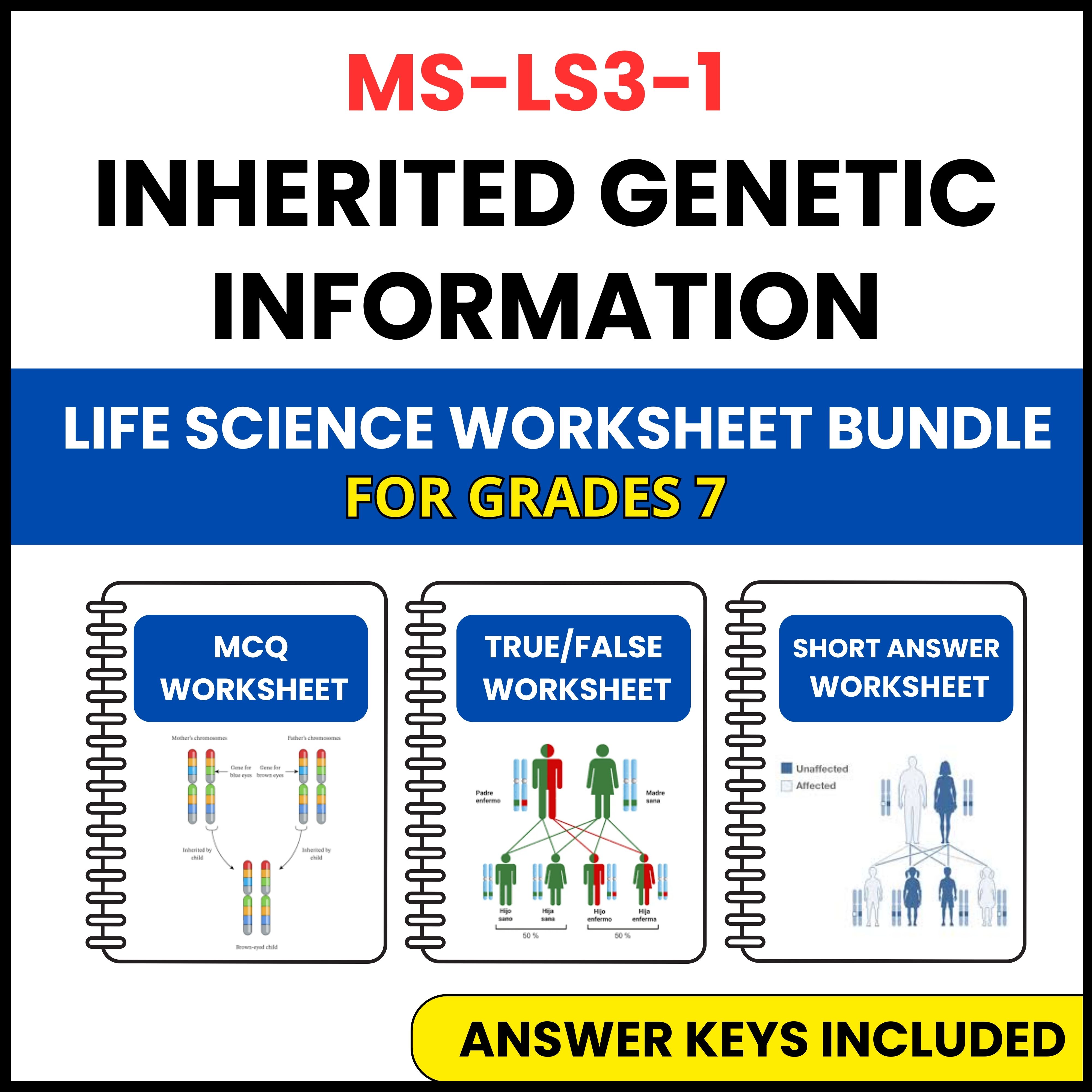MS NGSS Life Science | Inherited Genetic Information | 3 Worksheets | Grade 7