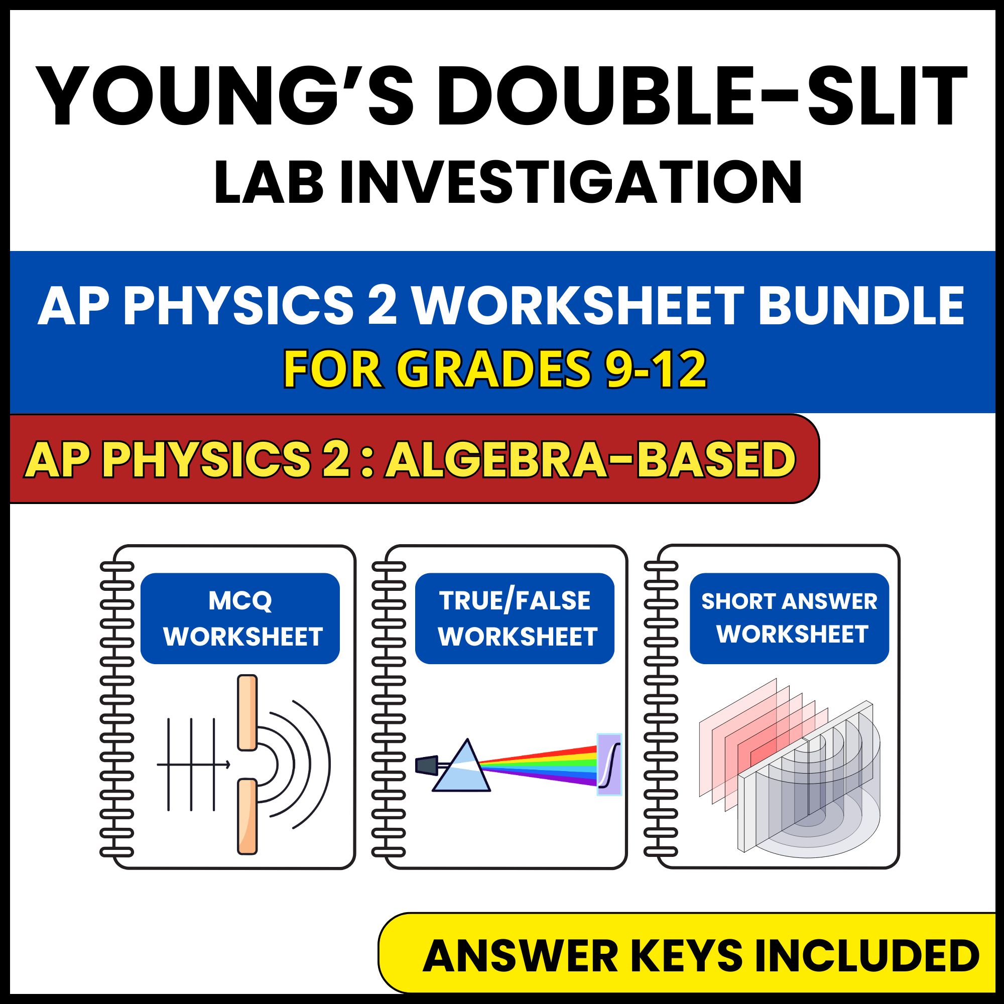 AP Physics 2 | Young’s Double Slit Lab Investigation | 3 Worksheets | Grade 9-12