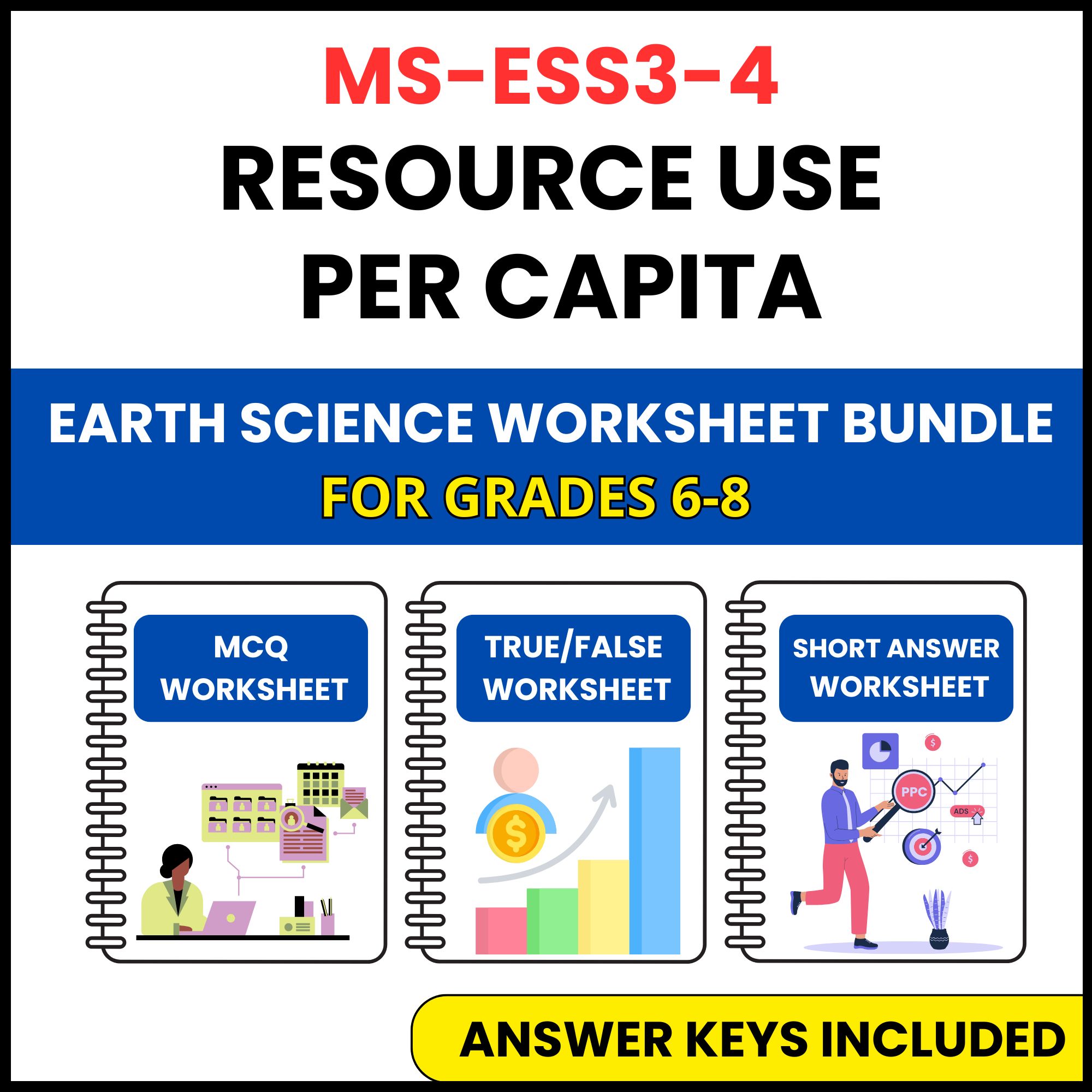 MS NGSS Earth Science | Resource Use per Capita | 3 Worksheets | Grade 6-8
