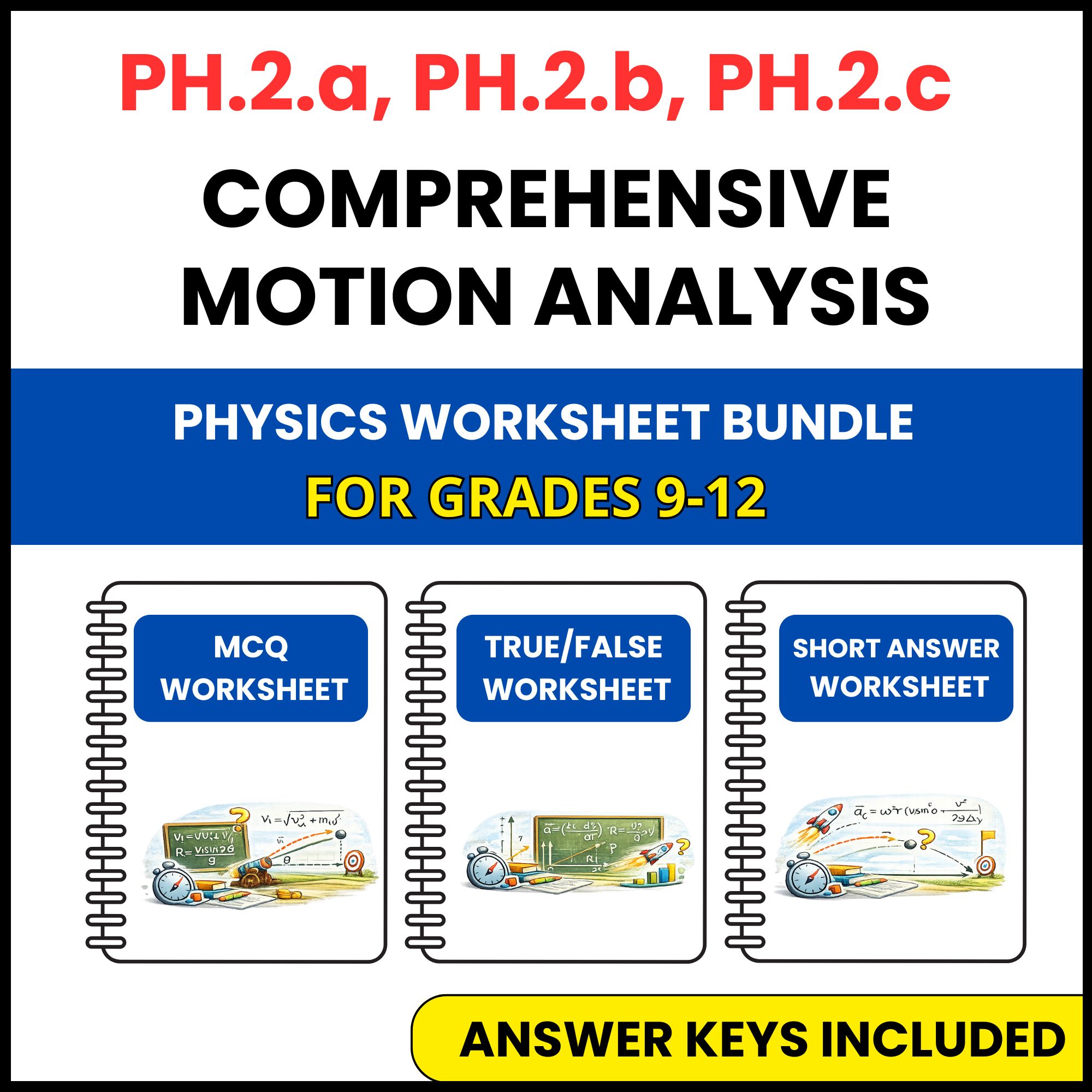 VA SOL Physics | Comprehensive Motion Analysis | 3 Worksheets | Grade 9-12