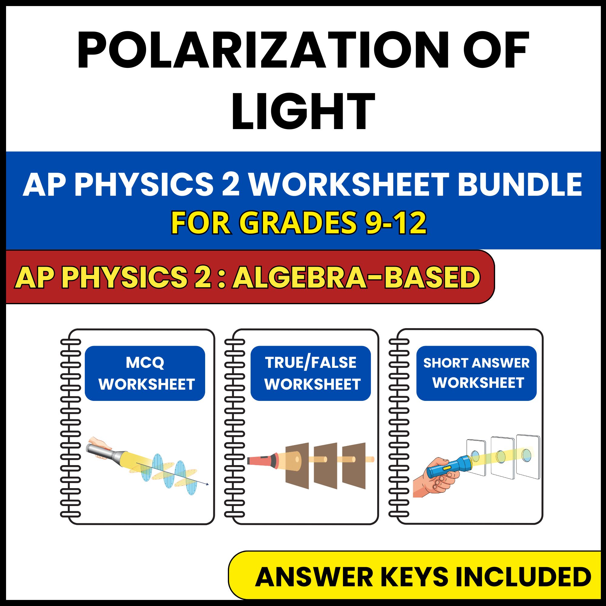 AP Physics 2 | Polarization of Light | 3 Worksheets | Grade 9-12
