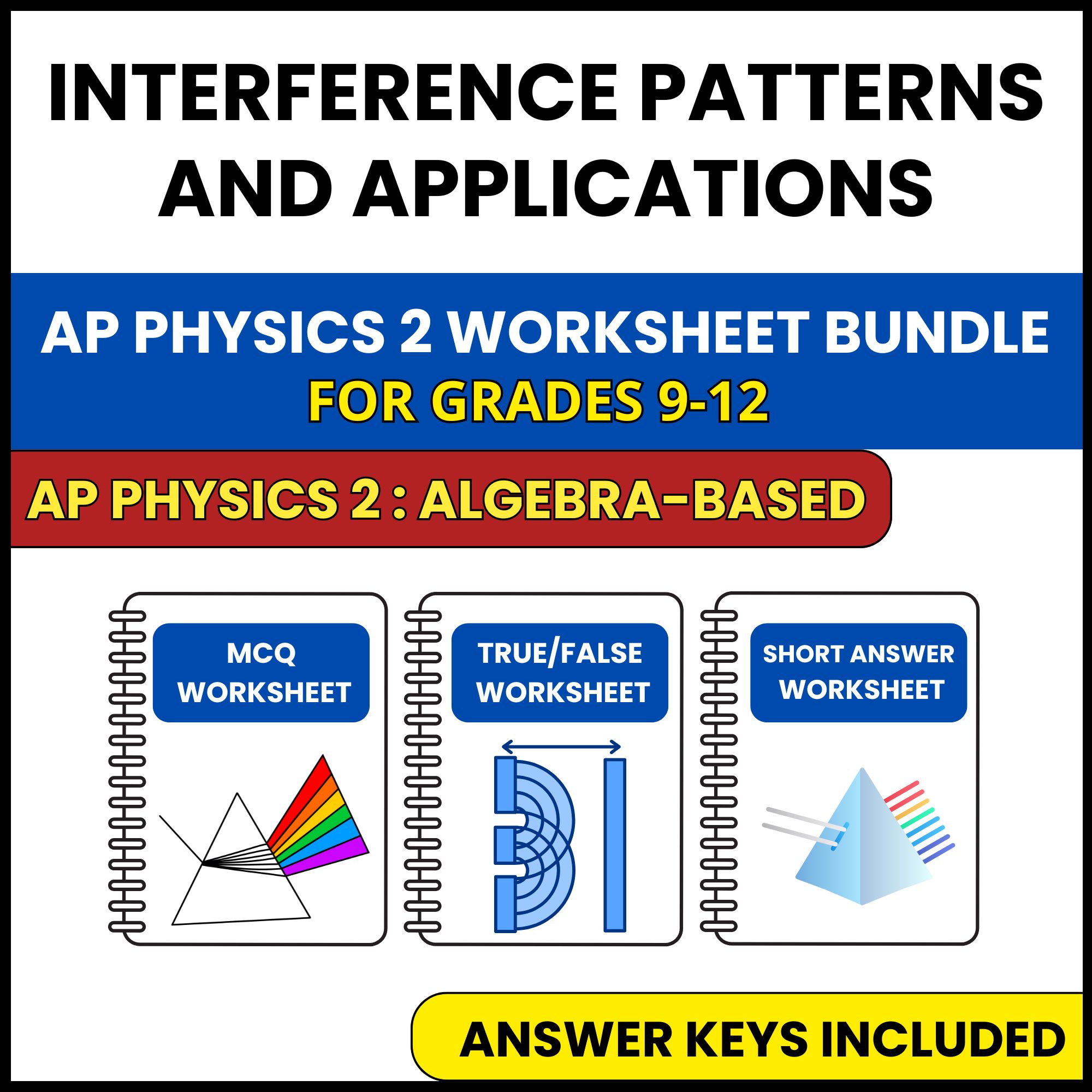 AP Physics 2 | Interference Patterns | 3 Worksheets | Grade 9-12