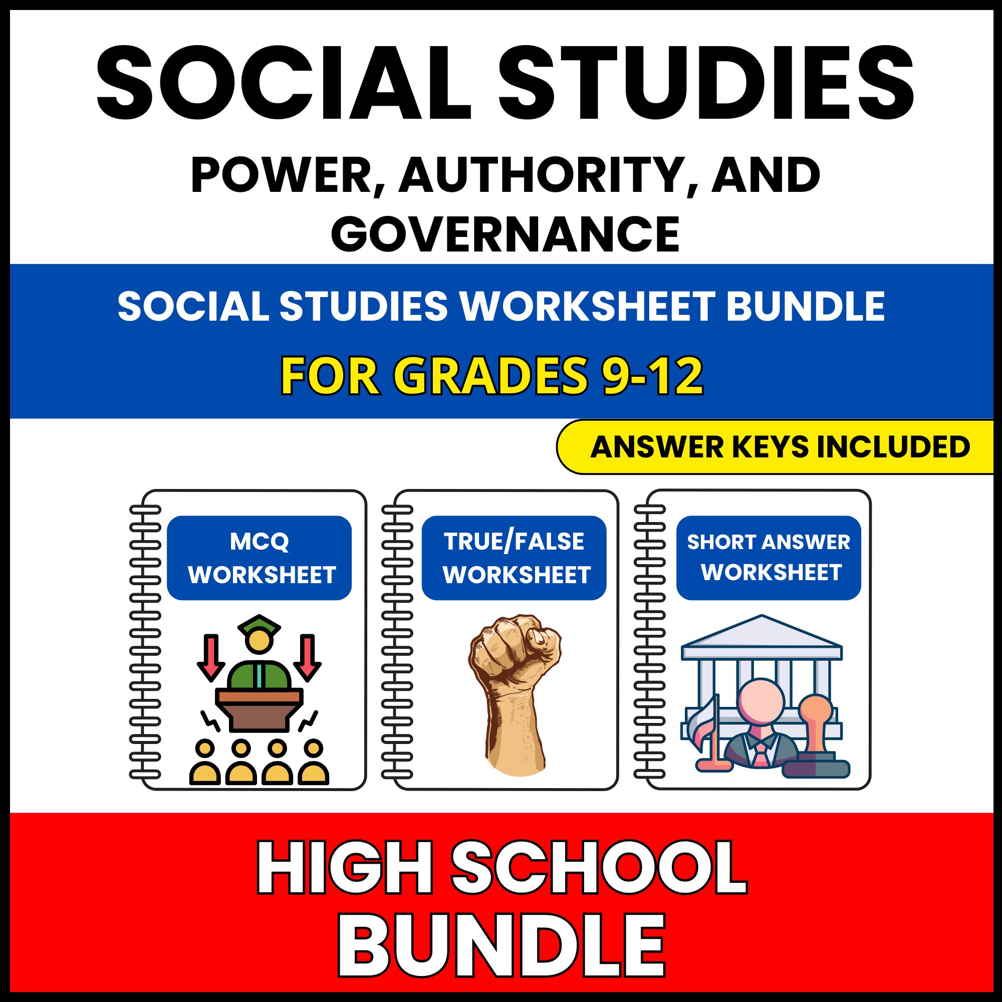 HS Social Studies | Power, Authority, | 60 Worksheets BUNDLE | Grade 9-12