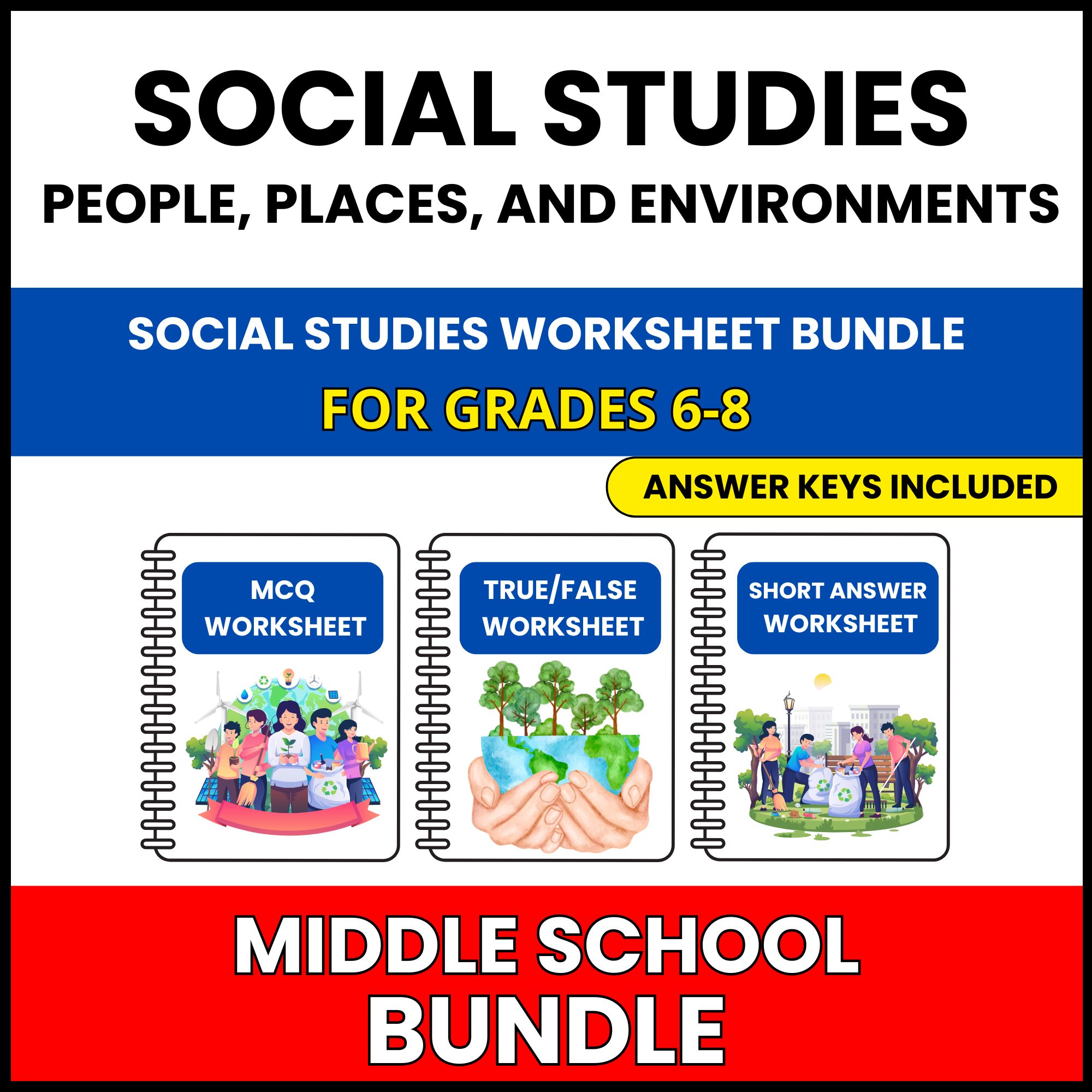 MS Social Studies | People, Places, | 60 Worksheets BUNDLE | Grade 6-8