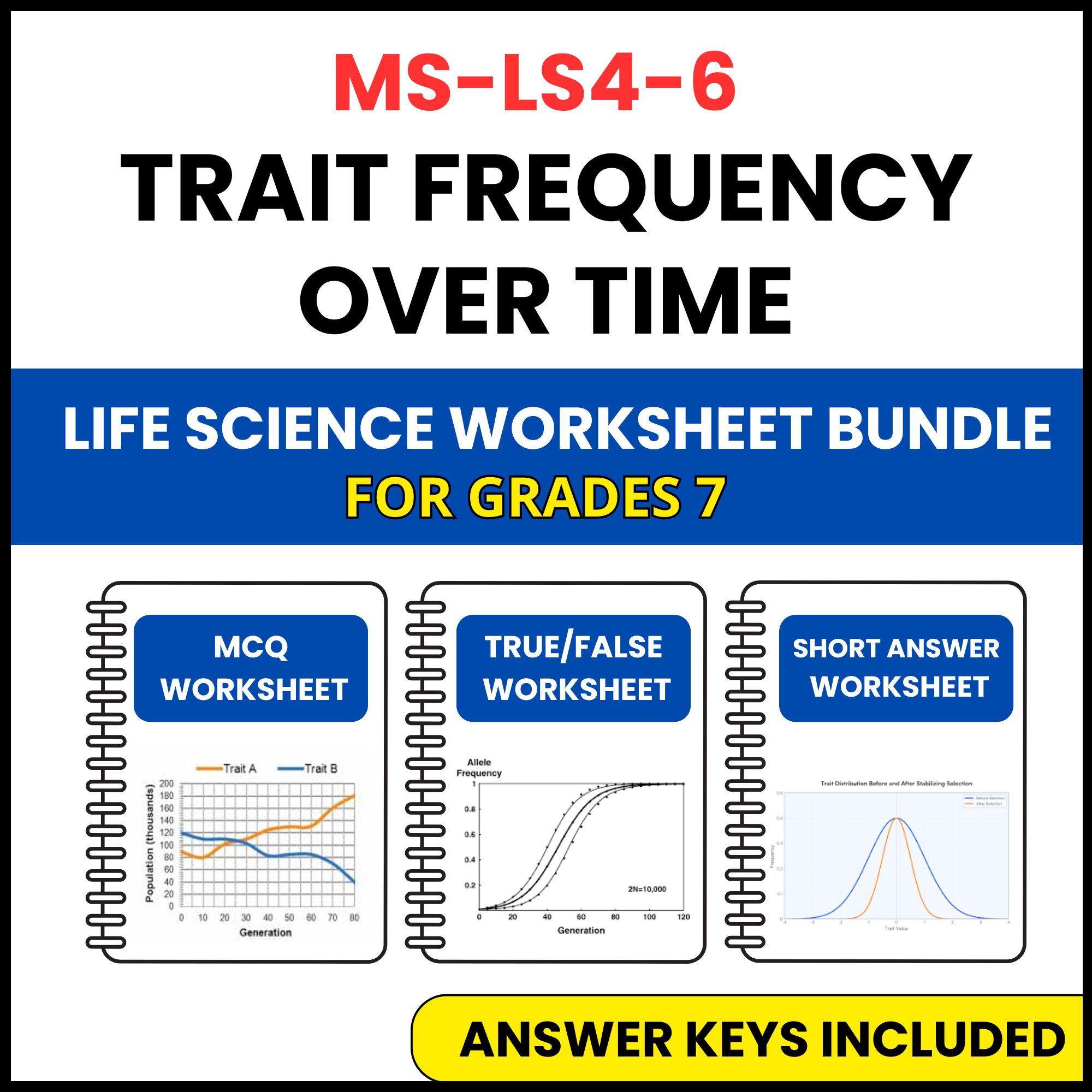 MS NGSS Life Science | Trait Frequency Over Time | 3 Worksheets | Grade 7