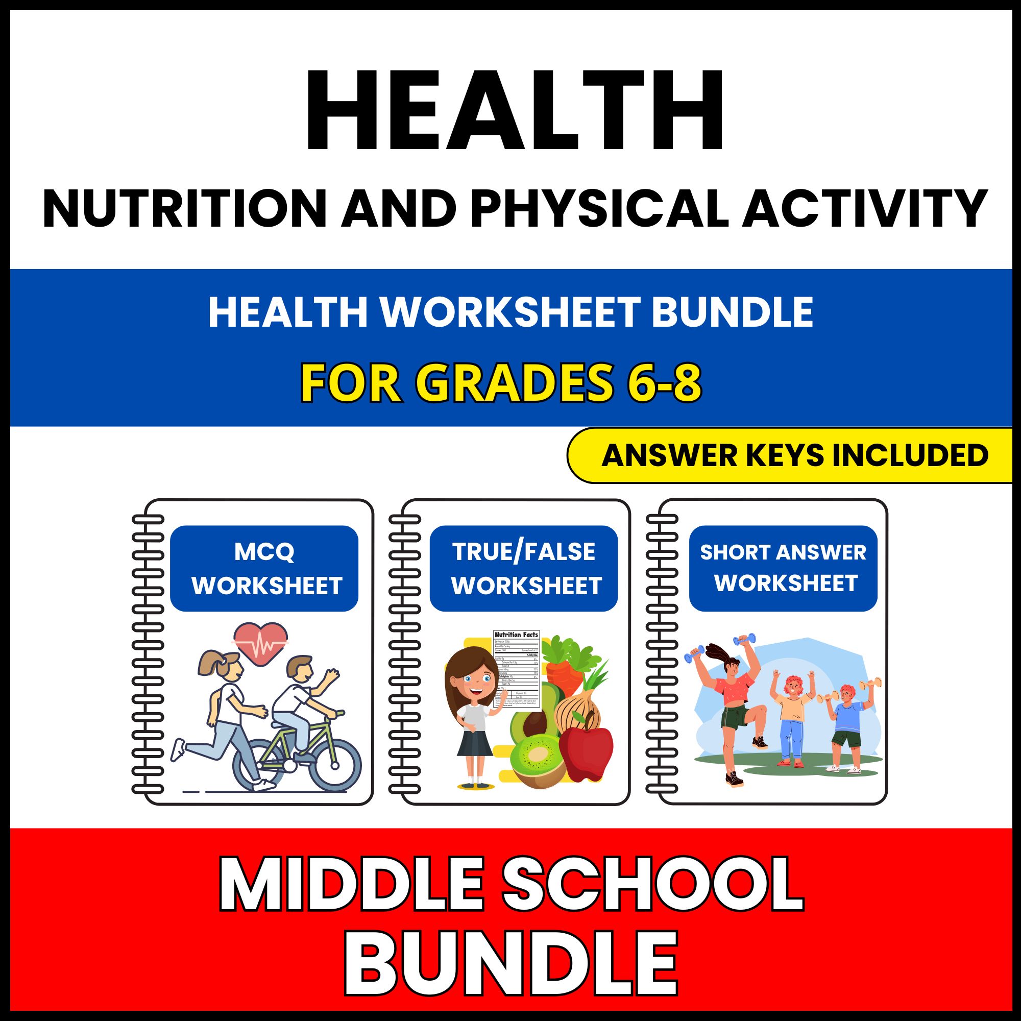 MS Health | Nutrition and Physical Activity | 42 Worksheets BUNDLE | Grade 6-8