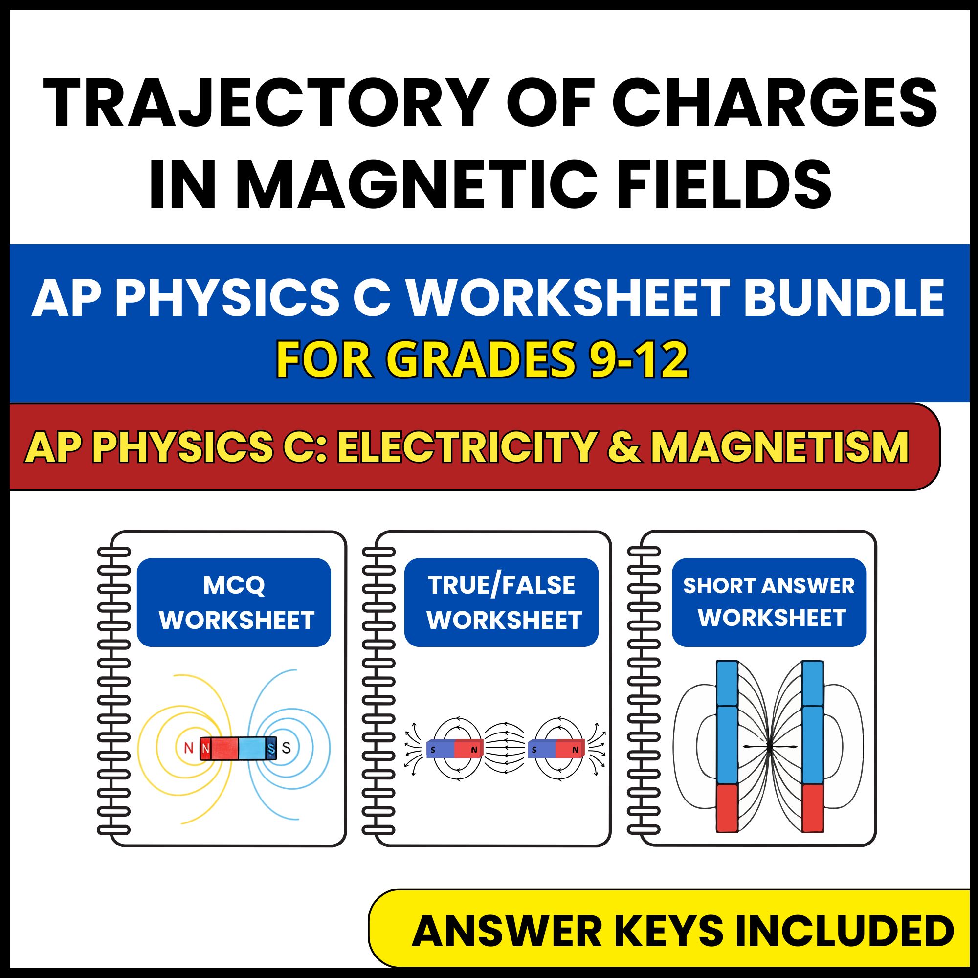AP Physics C E&M | Trajectory of Charges in Magnetic | 3 Worksheets | Grade 9-12