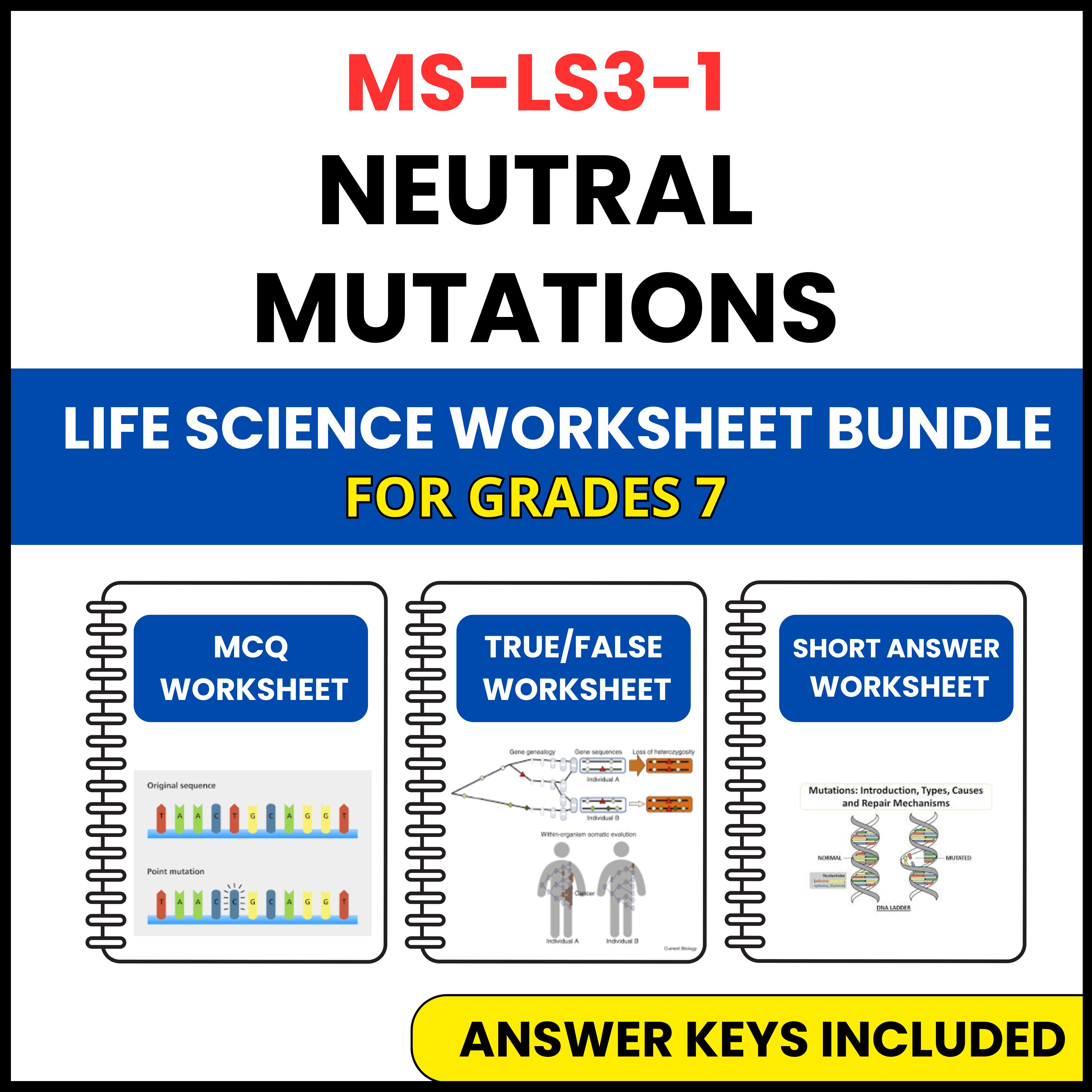 MS NGSS Life Science | Neutral Mutations | 3 Worksheets | Grade 7